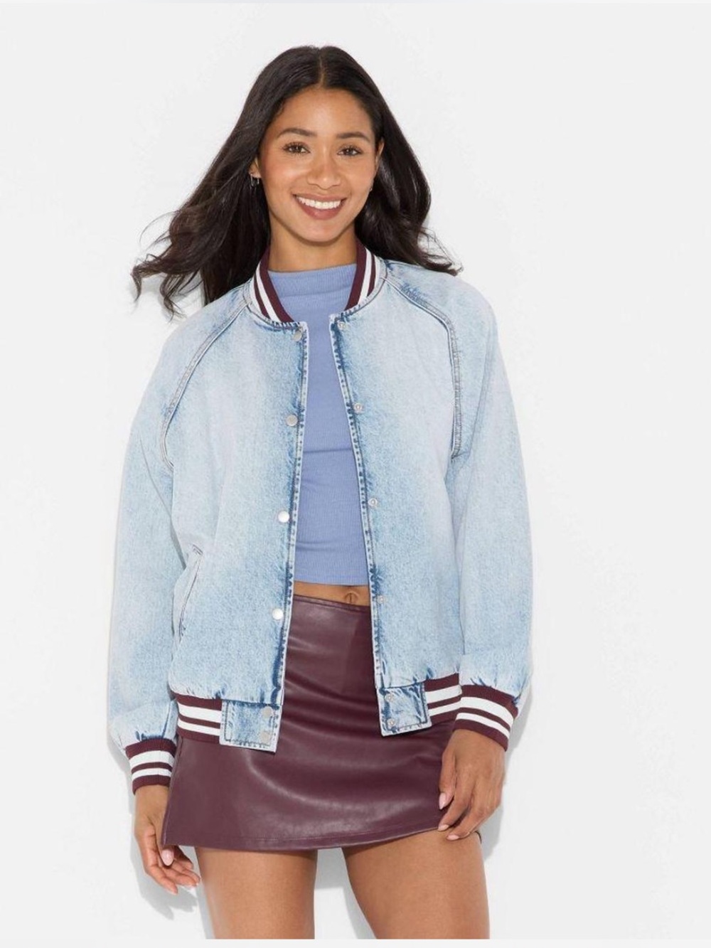 Wild Fable Denim Varsity Jacket Small Light Wash Snap Button Bomber Striped Trim